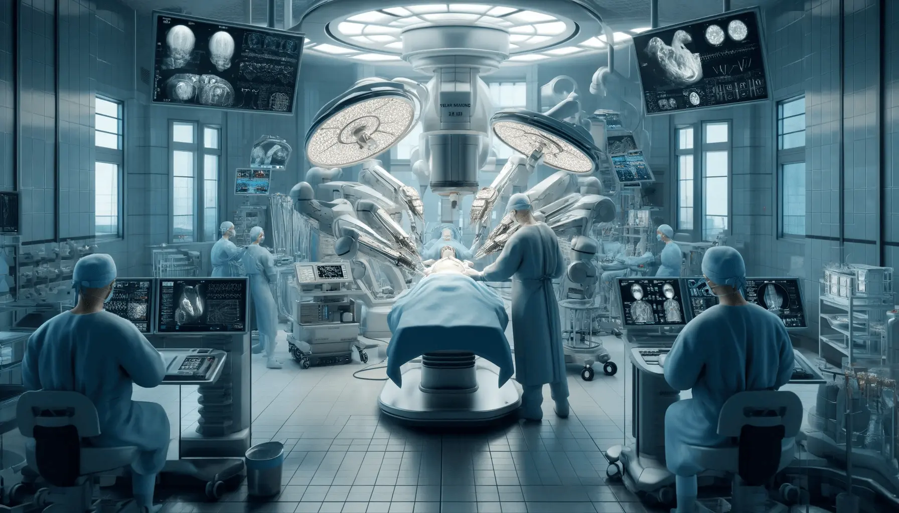 A plastic surgery operating room in Turkey, showcasing a state-of-the-art robotic surgical system similar to the Da Vinci Surgical System in action. The room is filled with advanced technology, including multiple high-resolution monitors displaying 3D patient imaging and diagnostics.
